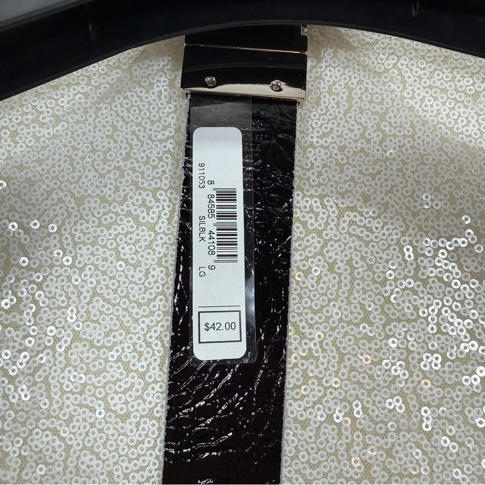 GUESS Silver Belt Rhinestone Buckle Metallic Faux Leather 38- 42 Waist